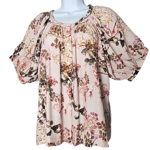 Karen Kane Women Floral Print Blouse Top XS Pink Button Up Short Sleeve USA Boho